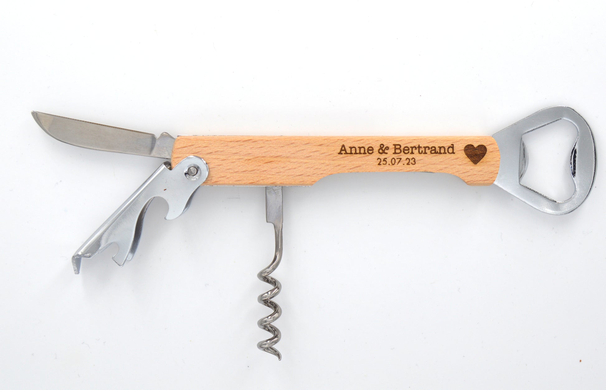 Couteau personnalisé, tire bouchon décapsuleur bois gravé - Atelier Mumu